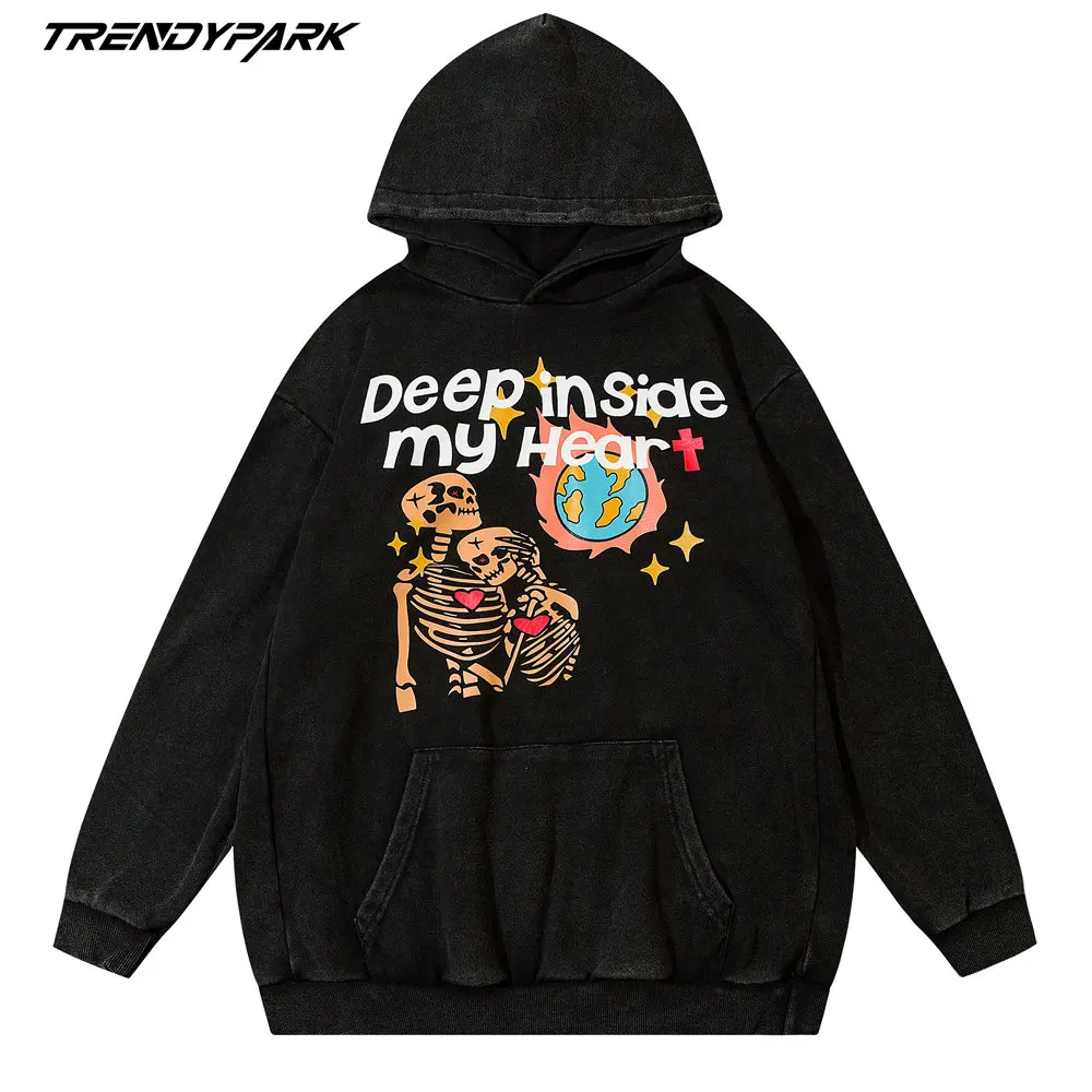 

Hoodie Men Washed Finish Funny Skeleton Couple Printing Hooded Sweatshirts Autumn Harajuku Streetwear Casual Oversized Hoodie