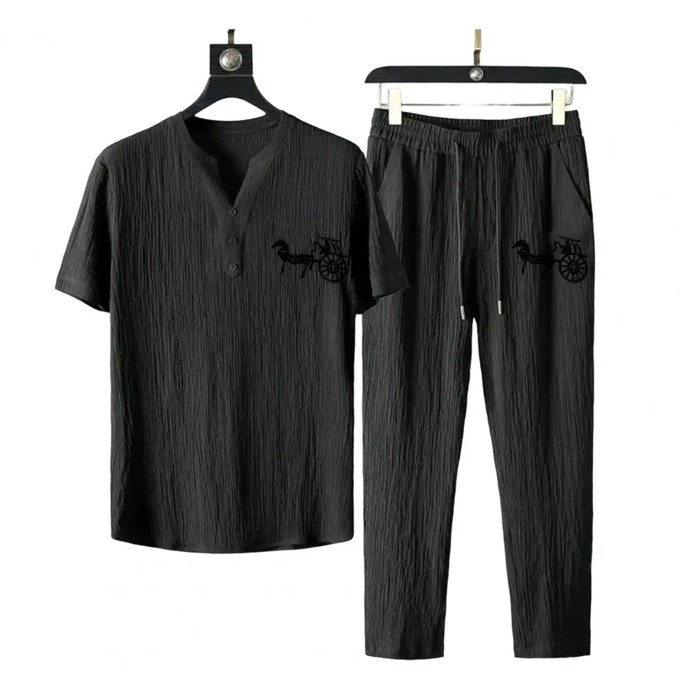 

1 Set Men Summer Top Pants Solid Color V Neck Short SleeveDrawstring Relaxed Fit Buttons Neckline Outfit Streetwear