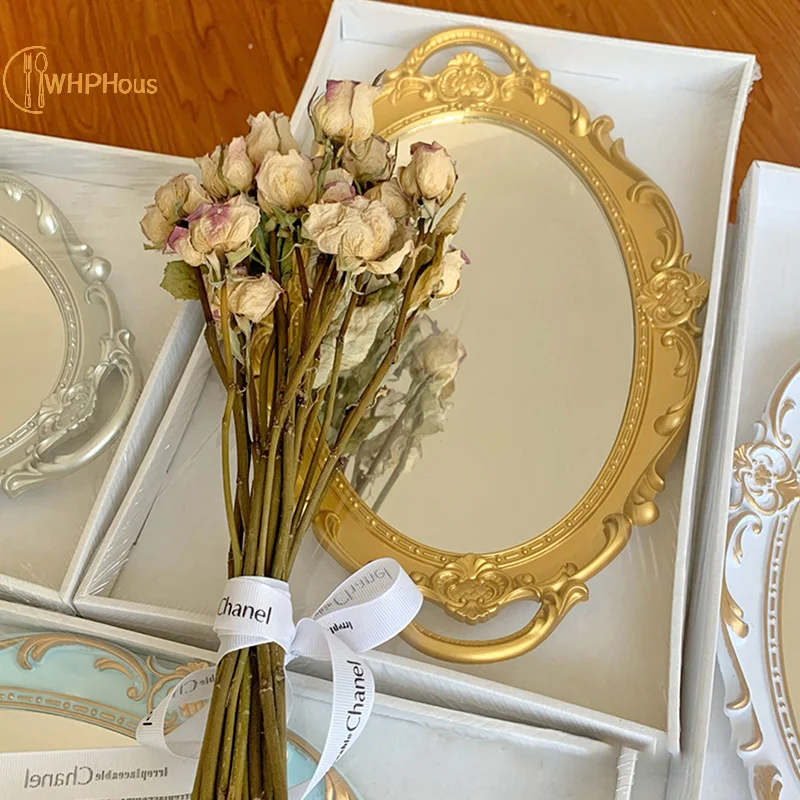 Retro Tray Plastic Mirror Decoration Europe Style Wedding Party Dessert Cupcake Stand Jewelry Storage Photography Prop