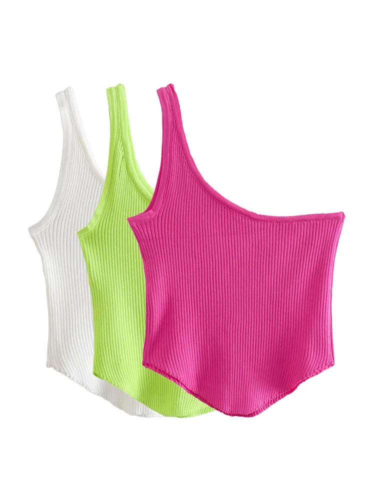 

2022 Women Fashion Fitted Knit Asymmetric Tank Tops Vintage One Shoulder Sleeveless Female Camis Mujer