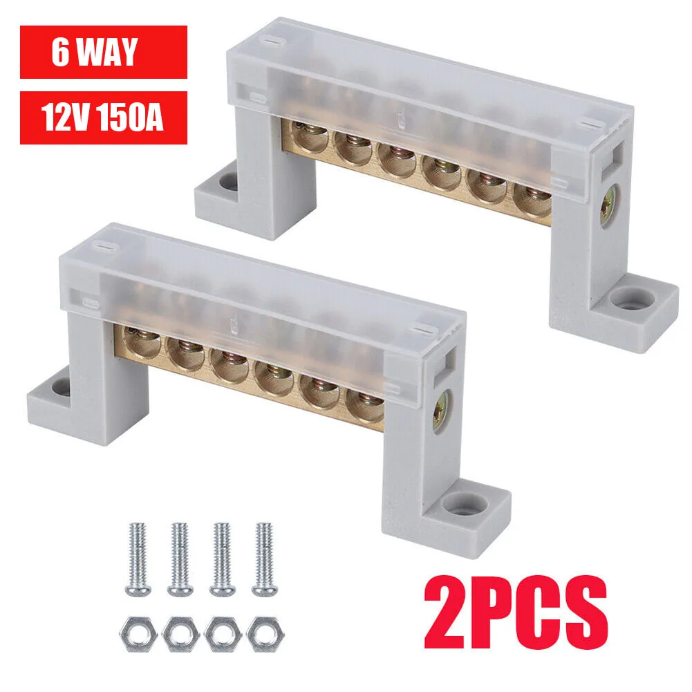 

2PCS Copper Terminal Wire Connector 12V 150A 6 Way Bus Bar Ground Distribution Block Panel +12pcs Terminal Terminals for Cable