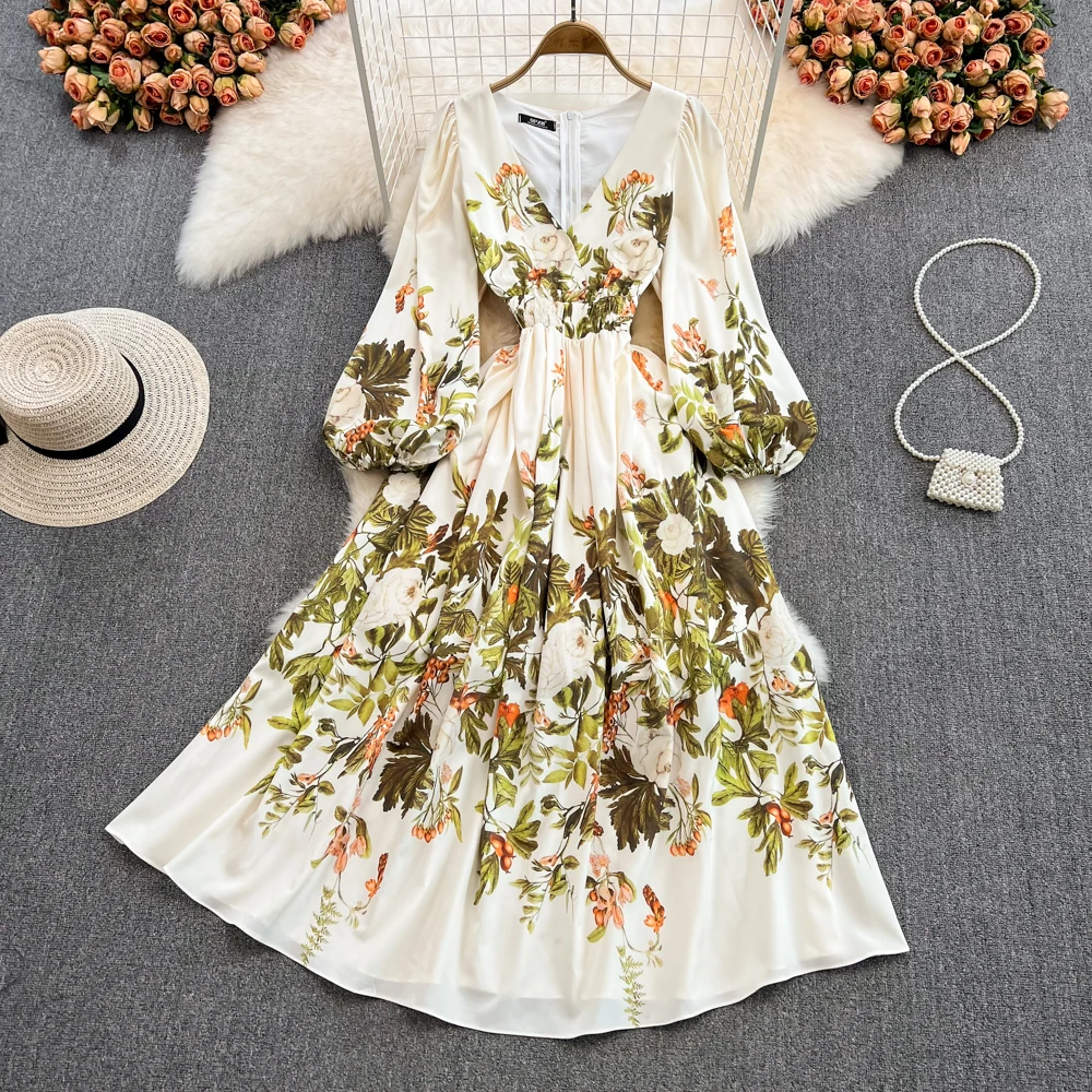 

Light Mature Style High Sense Temperament V-neck Printed Dress Spring Korean Fashion High Waist Thin A-word Large Swing Dress