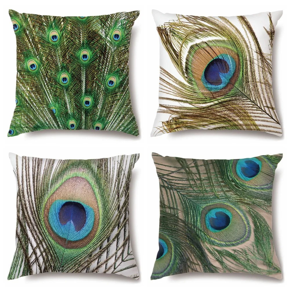 

Beautiful Peacock Feather Pillowcase Green Light Blue Pillows Case Morty Boho Home Decor for Living Room Bedroom 40x40 45x45 cm