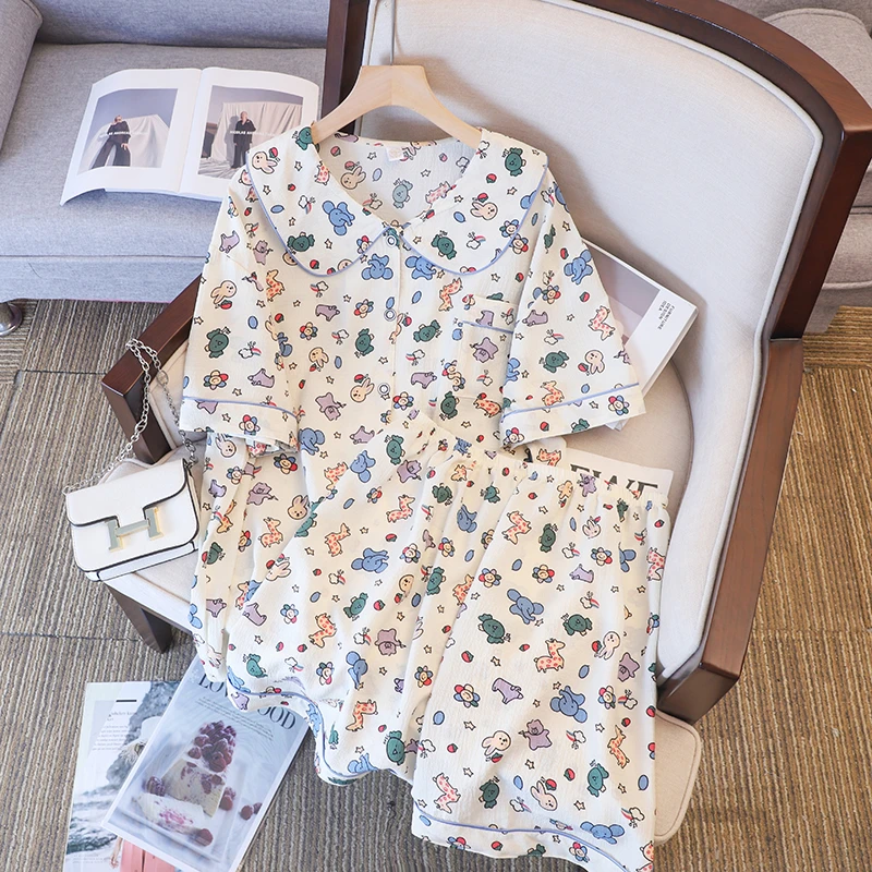 

Пижамный комплект с оборками и рукавами, одежда для сна с принтом вишни, домашняя одежда, короткий дышащий топ и шорты, большие размеры