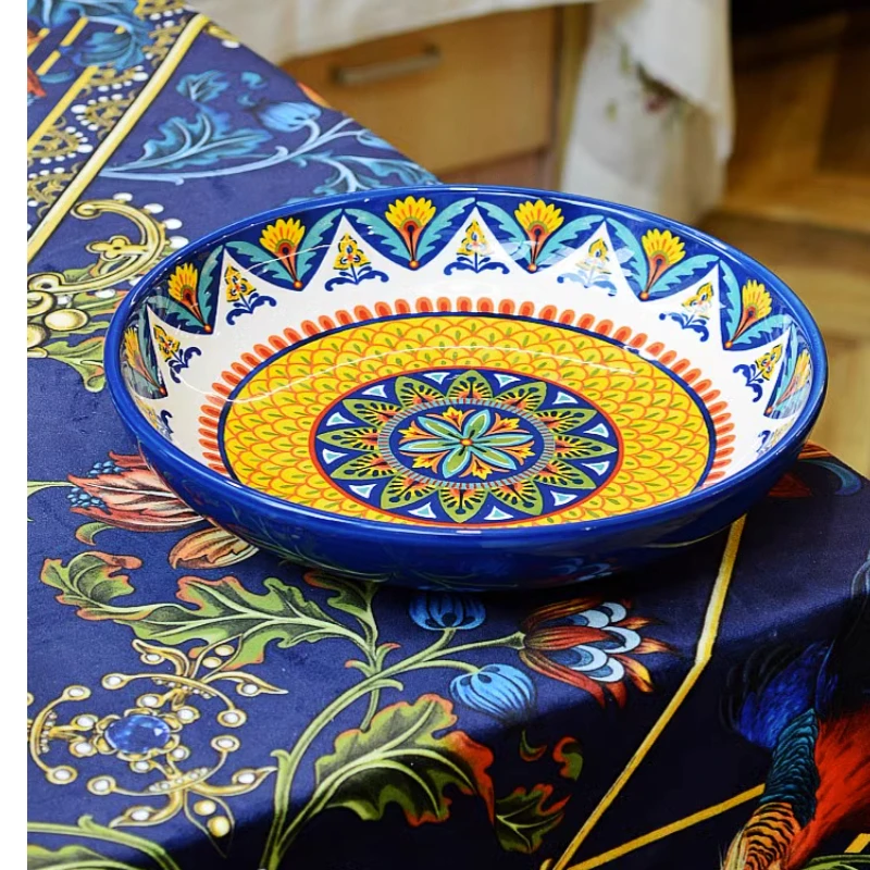 

Bohemian Style Deep Plate Underglaze Color Ceramic Tableware Niche Design Personalized Household Salad Plate Dish Plate