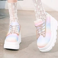 2022 white shoes women lace up genuine leather wedges high heel pumps shoes female breathable chunky platform fashion sneakers