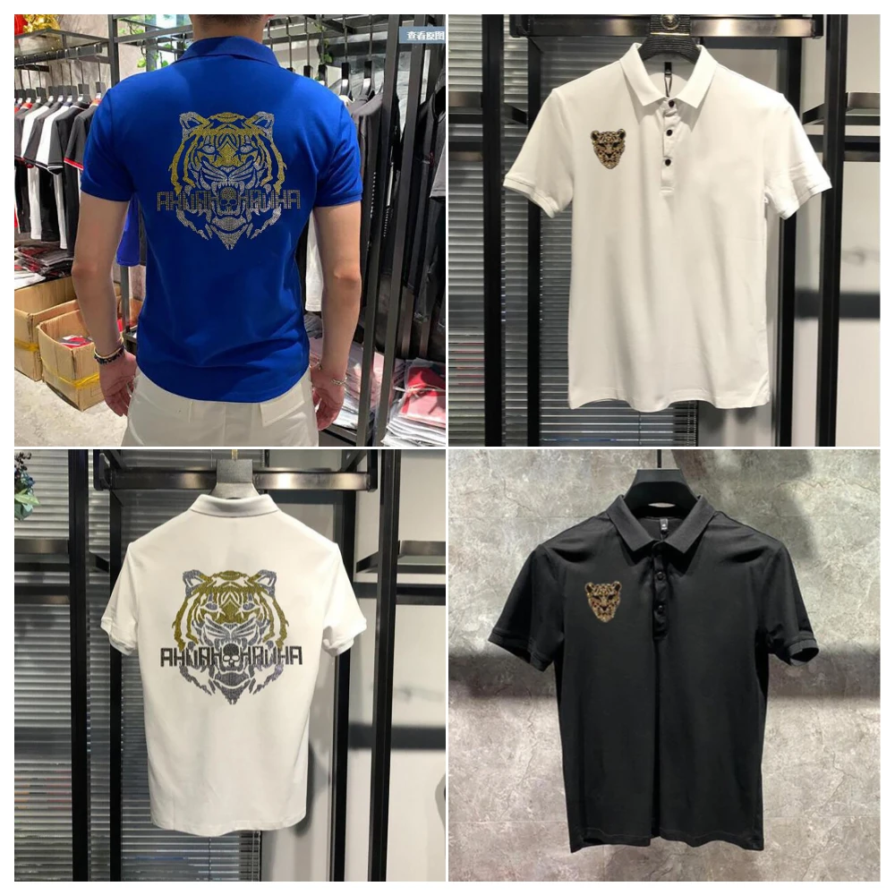 

Designer Summer New Men's Polos Shirts Plus Size S-4XL Solid Color Short Sleeve Polos Rhinestones Male Tops