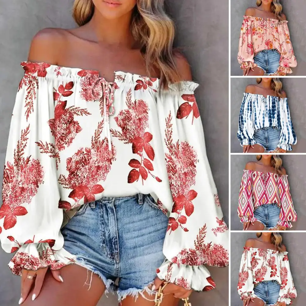 

Lantern Sleeve Trendy Flower Pattern Summer Blouse Top Shrink Resistant Pullover Shirt Ruffle Sheer Female Clothes