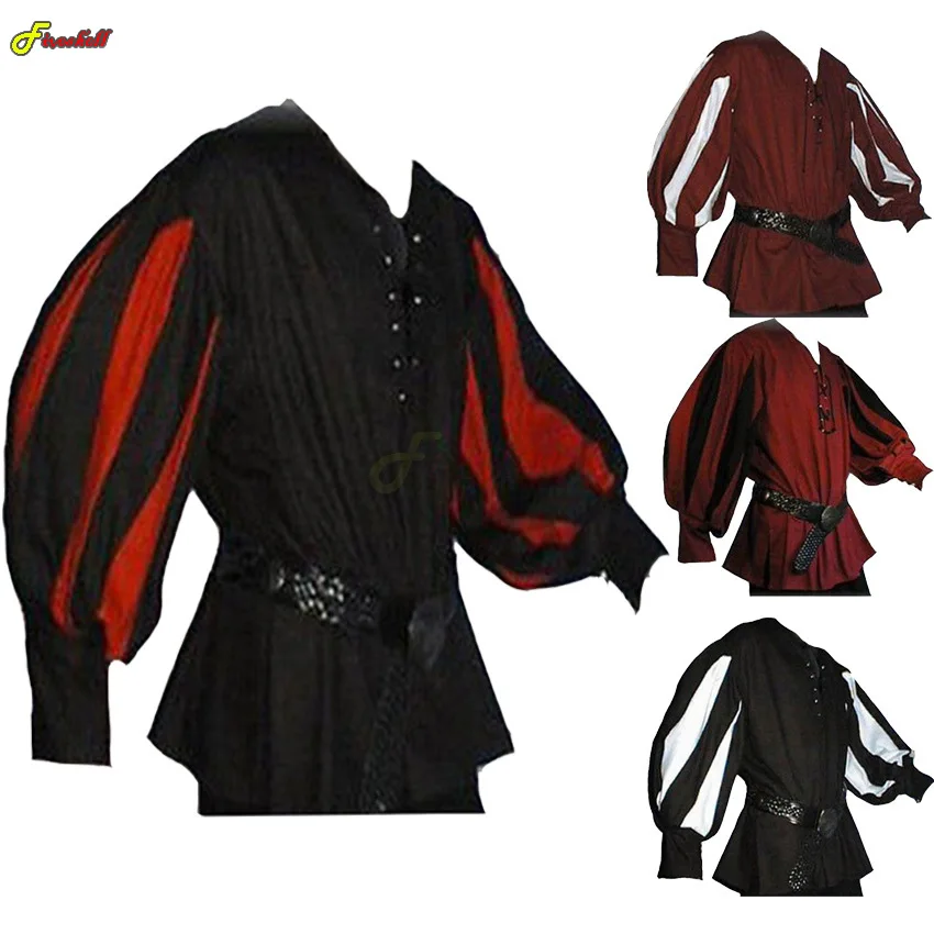 Halloween Men's Medieval Cosplay Warrior Knight Tunic Shirt Belted Lansquenet Larp Pirate Costume Black Lace-Up Top Clothing
