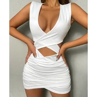 sexy pleated spaghetti strap bodycon dress for women hollow white v neck night club dress backless sleeveless mini party dress