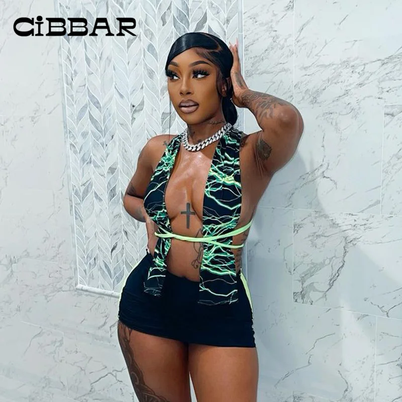 

CIBBAR Sexy Deep V Neck Cleavage Vest Tops Harajuku Streetwear Fashion Bandage Halter Print T-shirts Summer Backless Tanks Hot