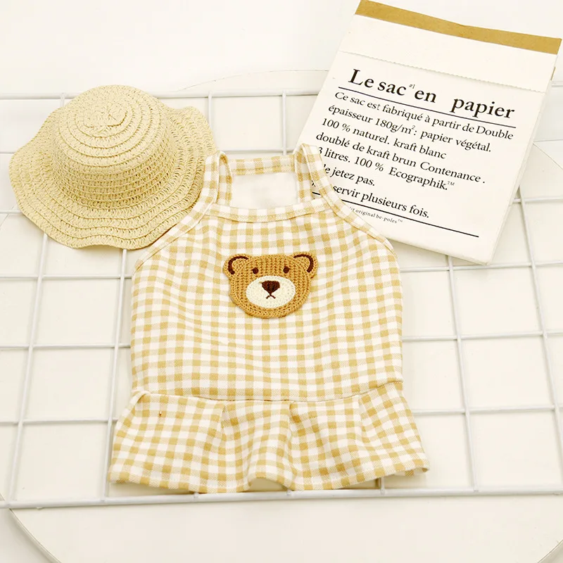 

Одежда для домашних питомцев, платье на бретельках для собак, Одежда для кошек, маленькая клетчатая вышивка медведя, милая тонкая летняя жел...