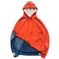 gl style heavy industry washed denim patchwork hoodie pullover for men loose hoodie for women and women spring coat