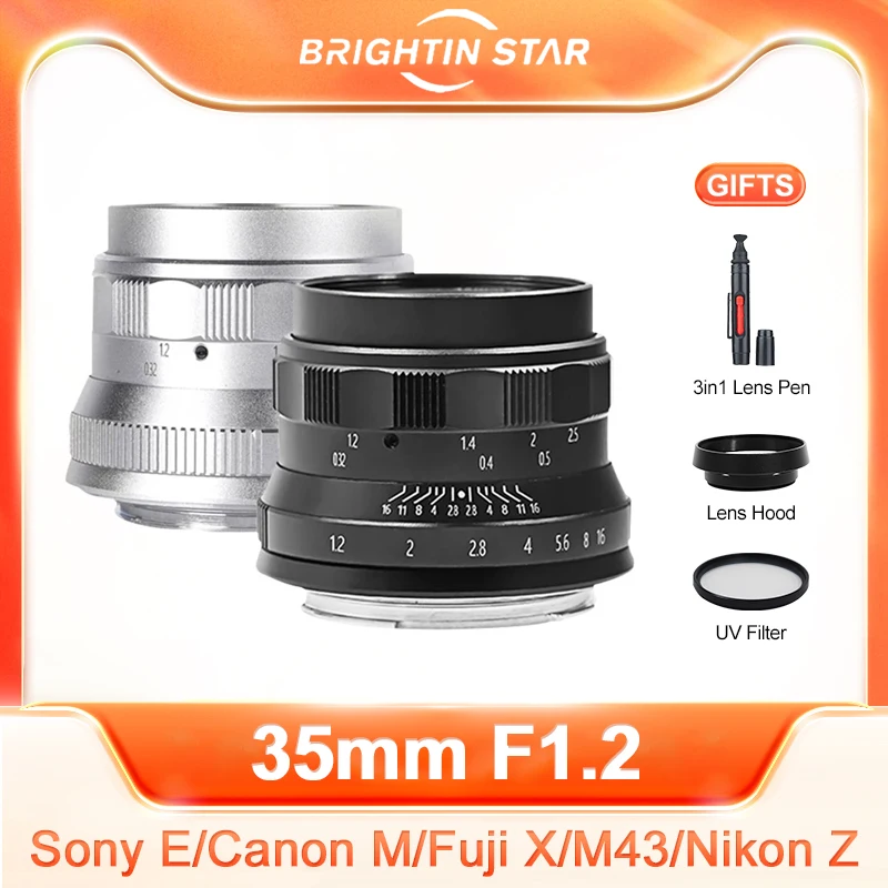 

Brightin Star 35mm F1.2 APS-C Large Aperture Prime Fixed Focus Manual Portrait Lens for Sony E Fuji X FX Canon EOSM Nikon Z M4/3