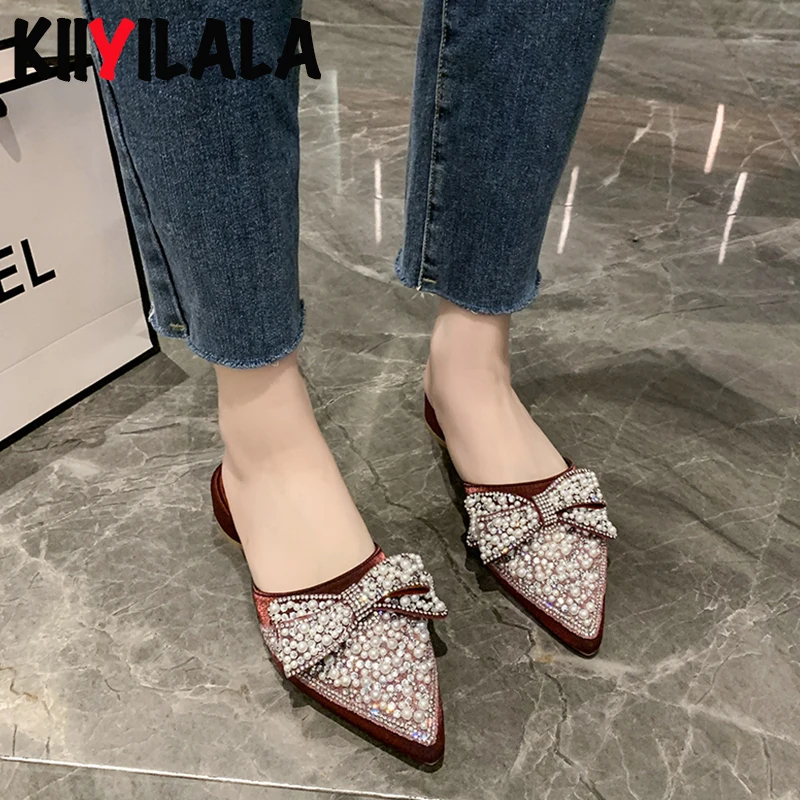 

Шлепанцы Kllyilalaflat женские на каблуках, летние блестящие сандалии-гладиаторы с кристаллами и заостренным носком, с жемчугом, 2022