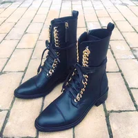 Winter Shoes for Women 2022 Fashion New Golden Chain Lace Up Martin Boots Large Size Round Toe Mid Boots Brand Design