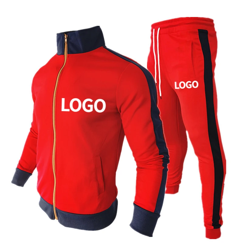 Custom LOGO Men's Set 2 Pieces Jacket + Pants Fashion Casual Zipper Sports Suit Homme Patchwork Sportwear Streetwear Tracksuit