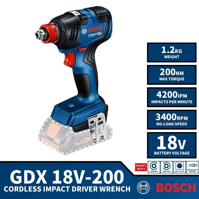 

BOSCH GDX 18V-200 Brushless Cordless Impact Wrench Professional 18V Lithium Power Tools 3400RPM 200NM 4200BPM