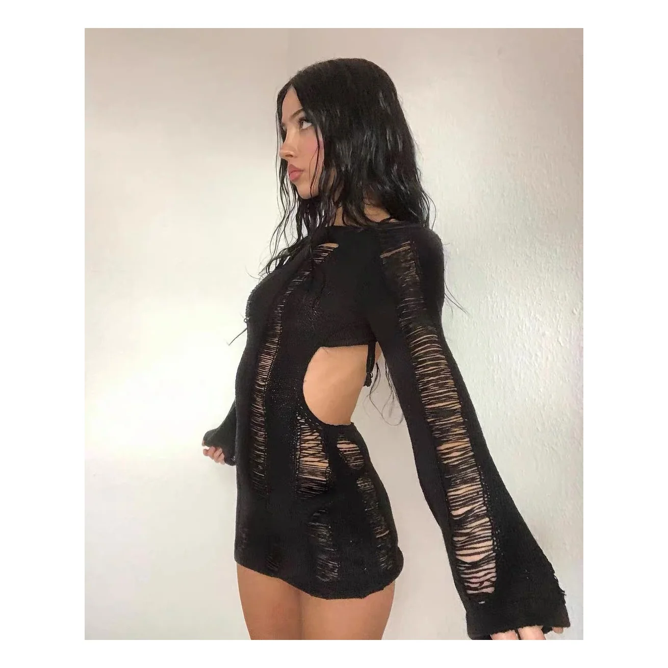 

Women Dress Long Sleeve Solid Black Ins Knitted Hollow Perspective Mini Dress High Waist Sexy Backless Dress Club Party