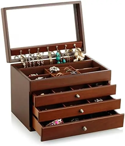 

A&A Large Solid Wooden Jewelry Organizer Box with 3 Drawers Storage Case Devices and Mirror for Women Brown