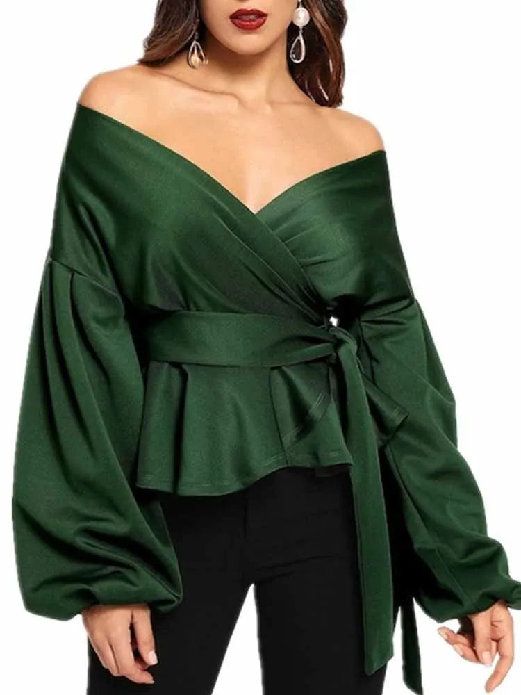 

Off Shoulder Fashion Streetwear Blouse Women Ruffle Lantern Sleeve Elegant Shirt Sexy Lady Tops Strap Bow Women Clothing 22189