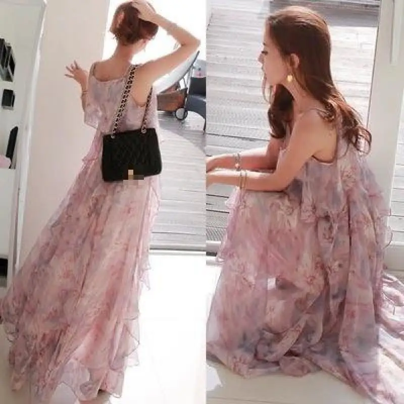 

2022Summer New Simple Casual Beach Dress Sexy Loose Chiffon Suspender Dress All-match Temperament Women Long Dress Free Shipping