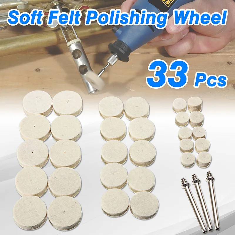 33Pcs/Set 13mm 25mm 30mm Soft Felt Polishing Buffing Wheel Mop Pad Compound Angle Grinder Part For Dremel Rotary Polishing Tool