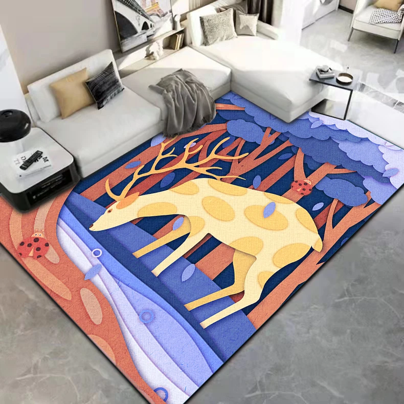 Elk  Forest Deer Cartoon Painting Carpet for Living Room Large Area Rug Black Soft Carpet Home Decoration Mats Boho Picnic Rugs