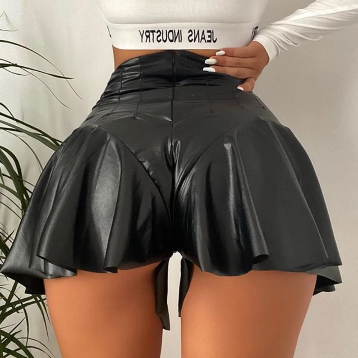 Black PU Leather Zipper Biker Shorts Women Fashion Sexy High Waist Pleated Ruffles Pant Skirt Casual Female Y2k Matching Bottoms