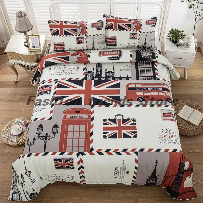 

Free shipping Retro Stamp UK Union Jack Flag London Scenery Symbol Big Ben Red Telephone Booth Bus Bedding Quilt Duvet Cover Set