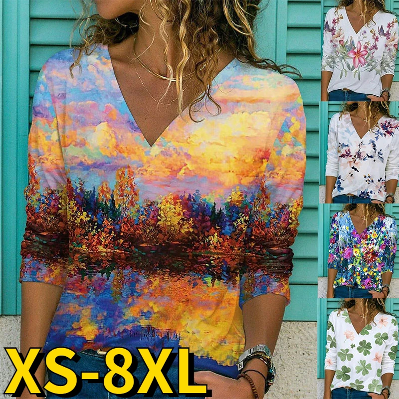 

2022 New Summer Women's Fashion Loose Hem Long Sleeve Fashion V-Neck Oversized T-shirt Vintage Print Pullover Elegant Tops Tee