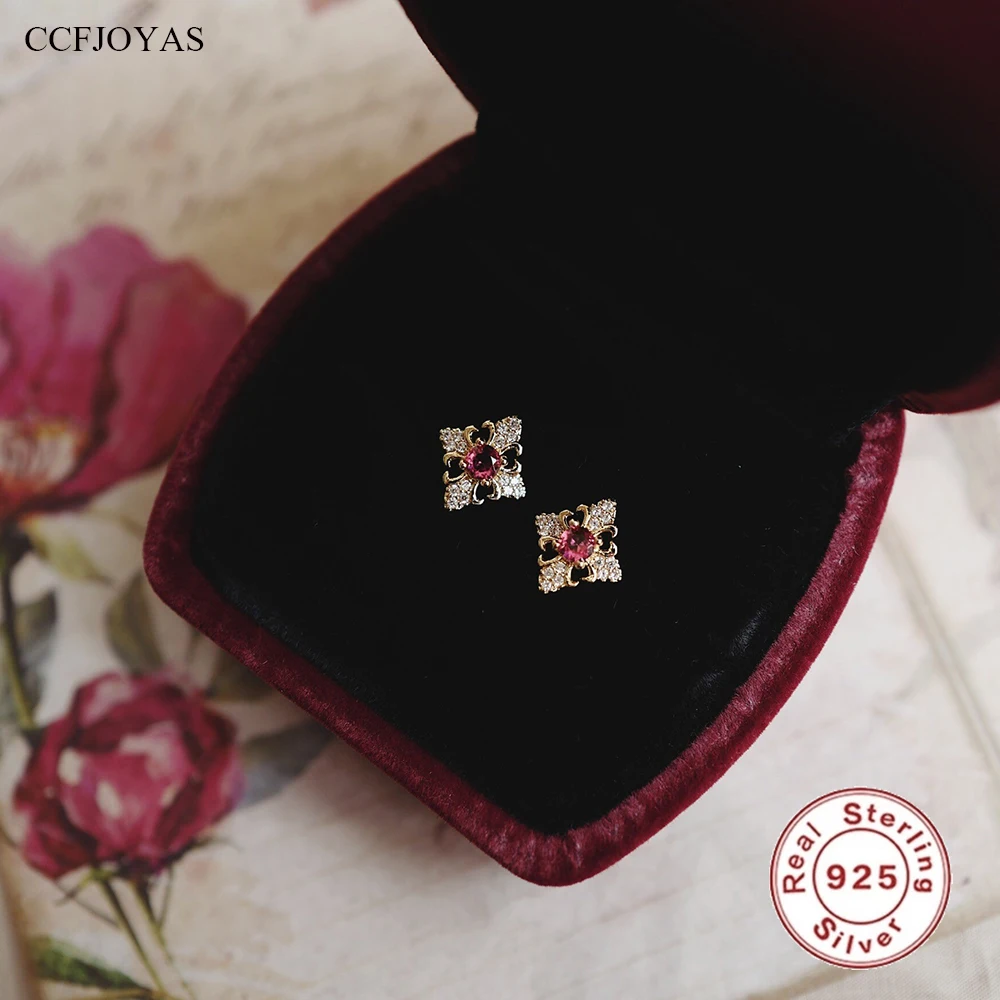 

CCFJOYAS 925 Sterling Silver Rose red Zircon Stud Earrings Minimalist Gold Silver color Cute Small Earring Women Fashion Jewelry