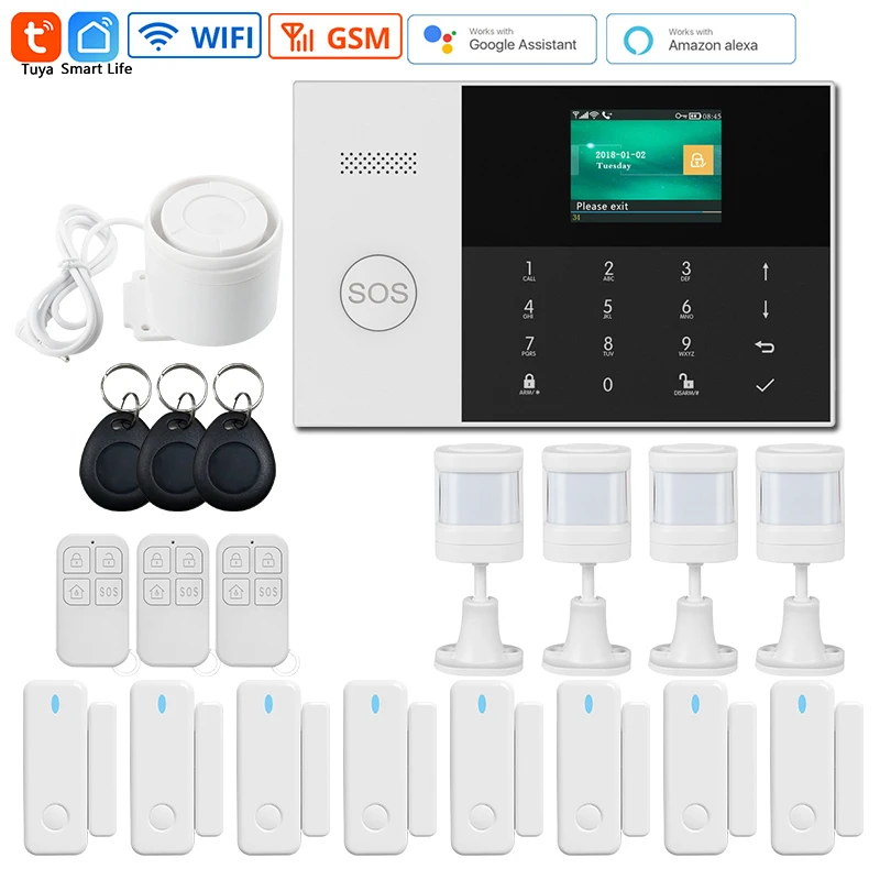 

433MHz Tuya Wireless WIFI GSM Home Burglar Alarm System Tuya Smart House App Control Wireless PIR Motion Detector Door Sensor