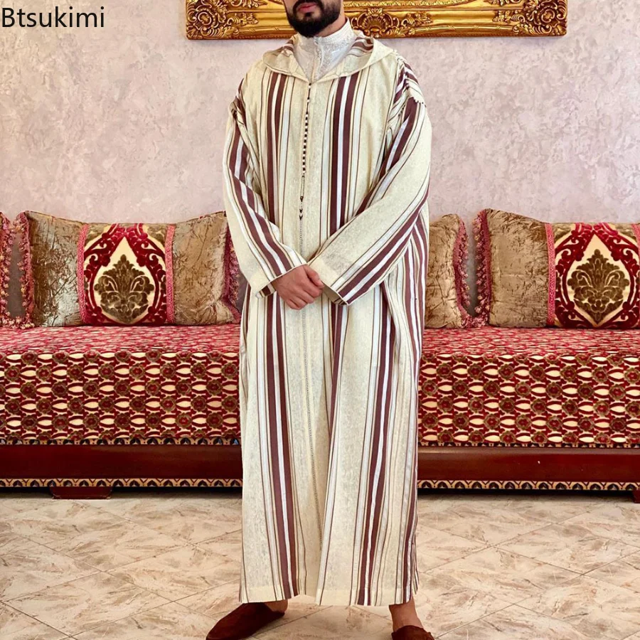 Muslim Fashion Cloth Men Hoodie Ramadan Robe Kaftan Abaya Dubai Turkey Islamic Clothing Casual Loose Beige Stripes Ethnic Style