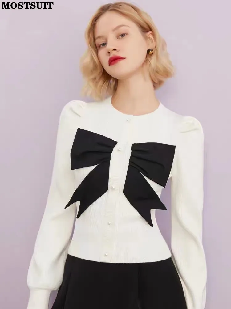 

Женский вязаный свитер с бантом, элегантный винтажный Шикарный джемпер с длинным рукавом, весна-осень 2023