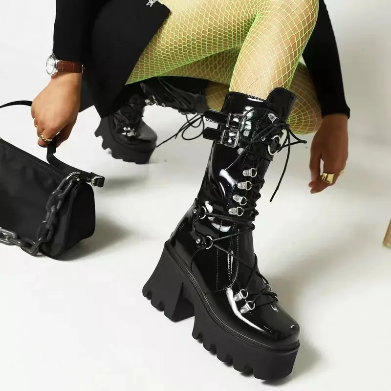 

Platform Boots For Women Tied Lace Up Fashion Ankle Boots Goth Gothic Girls Fashion Black Buckle Punk Chunky Shoes 2022 Autumn