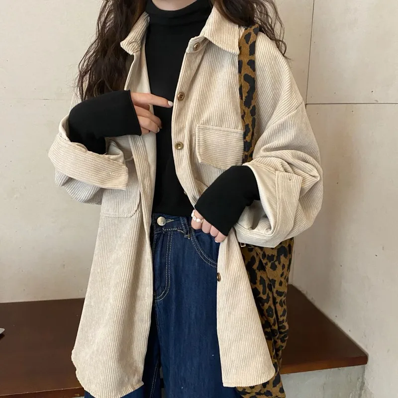 

2021 New Retro Hong Kong Style Mid-Length Shirt Corduroy Jacket Women's Spring And Autumn Personality Tops