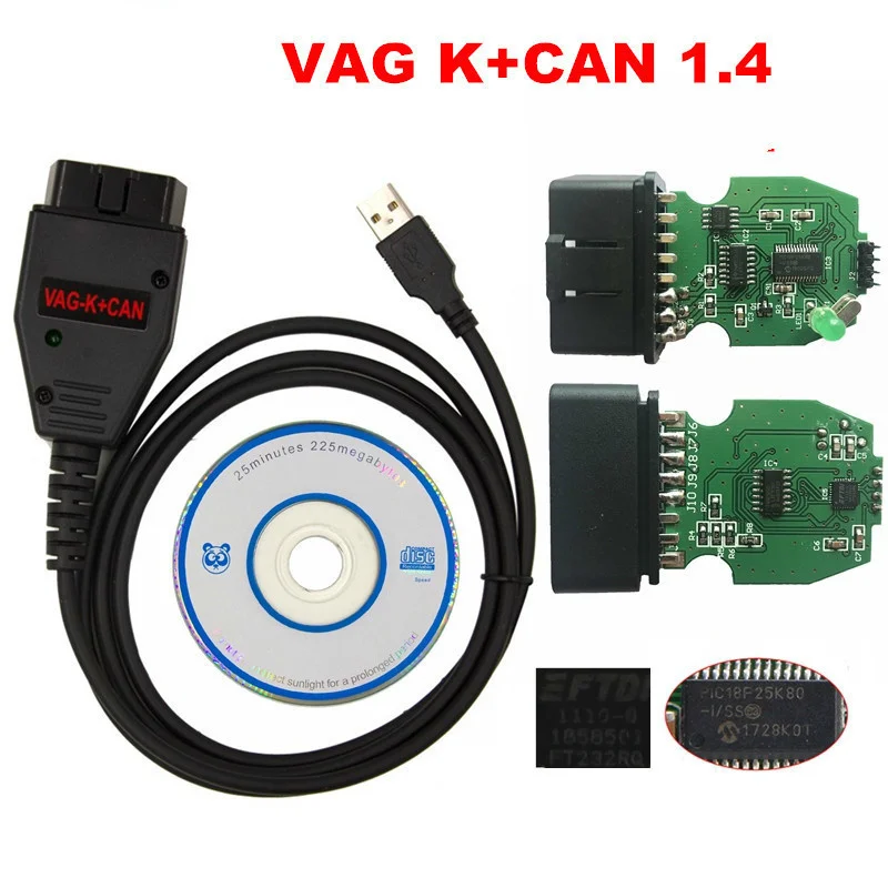 Фото Для Vag K+can Commander 1.4, зеленая плата, чипы Pic18f25k80 и Ftdi Ft232rq, для Audi/VW/Skoda/Seat, Vag K+can 1.4 K-line Commander Full №1