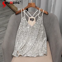 sexy silver sequins sleeveless sling vests for women outerwear womens trendy sequined shiny backless vest top for evening party