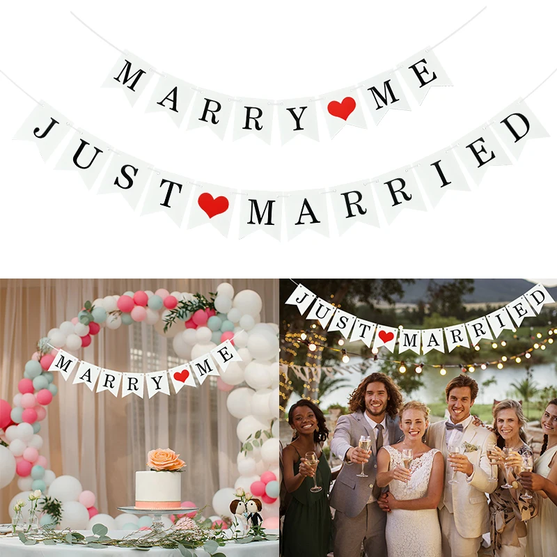 

White Just Married Bunting Banner Vintage Wedding Party Decoration Marry Me Letter Paper Garland Flags Bridal Shower Photo Props