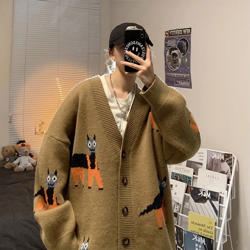 Casual Loose Couple Sweater Jacket Trendy Streetwear Knitted Cardigan New Anime Oversized Cardigan Autumn Winter Men's Sweater