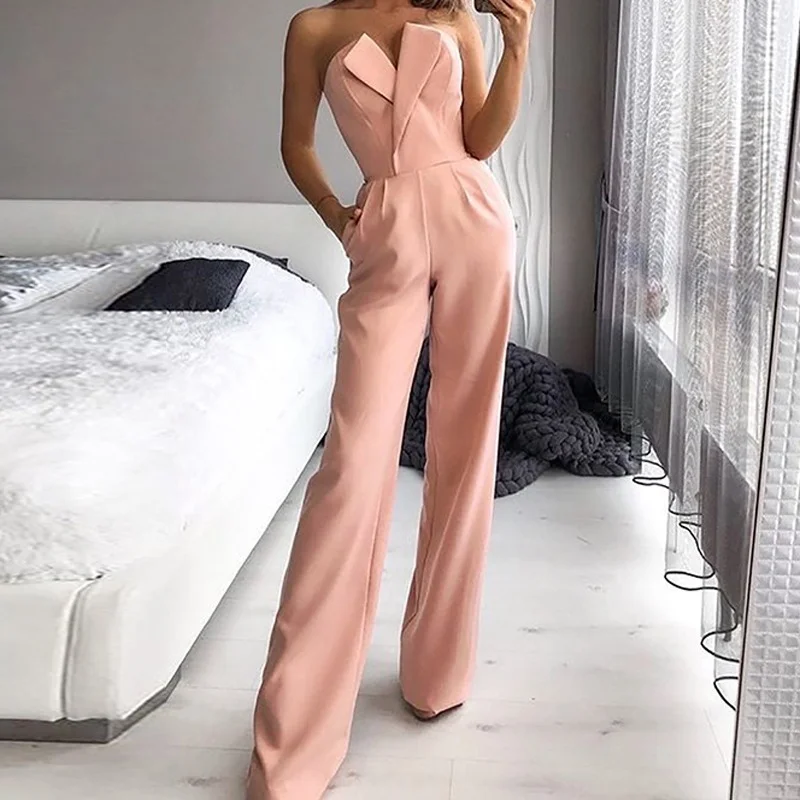 

Fashion Elegant Casual V-Neck Wide Leg Party Jumpsuit Sexy Strapless Sleeveless Office Lady Rompers Playsuit Clubwear 2022 Women