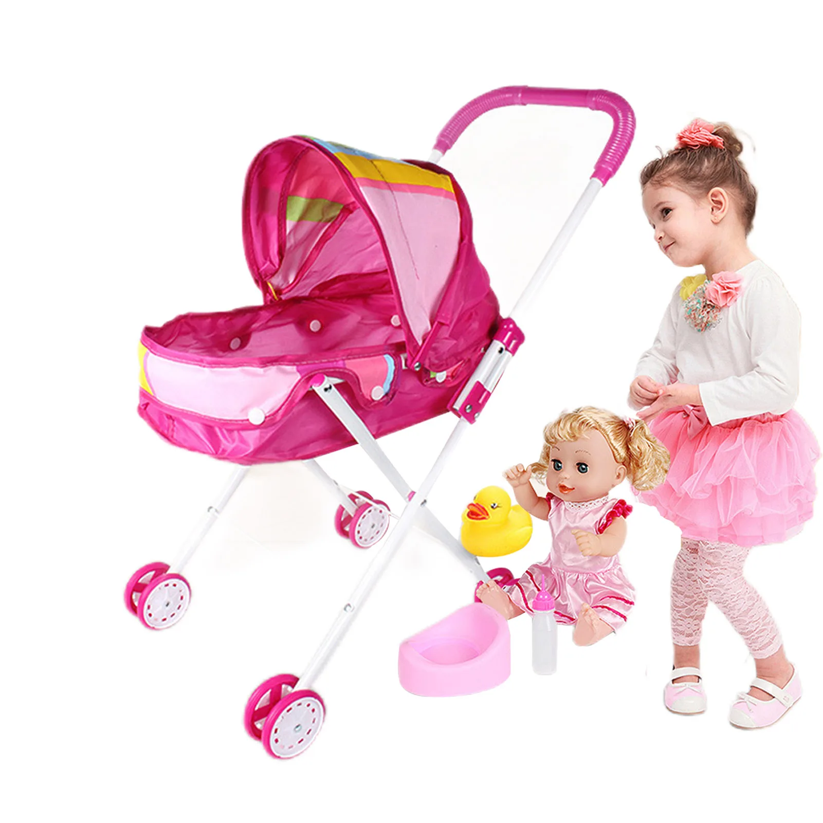 

Kids Doll Stroller Kids Play Stroller With Soft Grip Handle Stroller Toys For Toddlers With Retractable Canopy Storage Basket