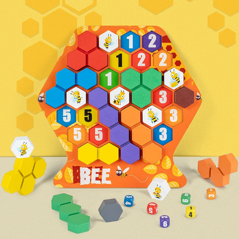 

Wood Honeycomb Puzzle Bee Hive Game Color Number Match Stacking Block Brain Teaser Logical Challenge Early Educational for Kids