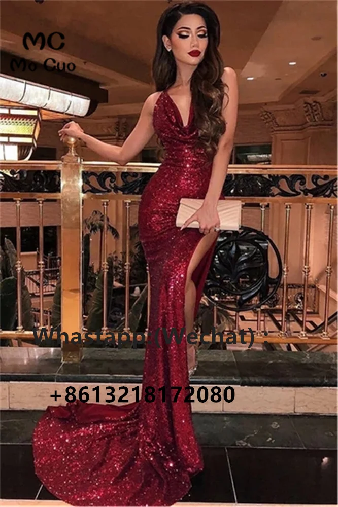 

2022 Sparkly Burgundy Evening Dresses Long Pleat Ruched Robe De Soire Sequined Spaghetti Straps Sweep Train Evening Party Dress