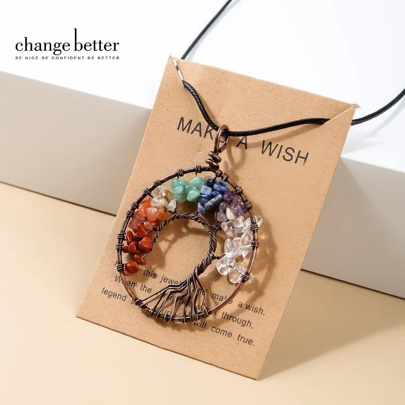 

Change Better Natural Stone 7 Chakras Tree Of Life Pendant Necklace Women Reiki Quartz Gravel Handmade Wisdom Healing Jewelry