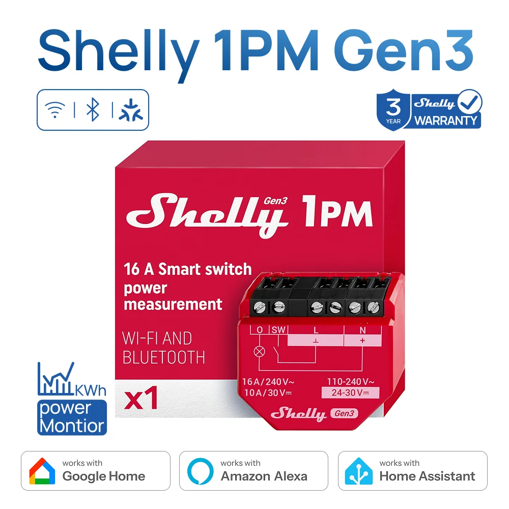 

Умный переключатель Shelly 1PM Gen3 Matter 16A с измерением мощности, бесплатный анализ оптимизации энергии облачных данных для домашней автоматизации