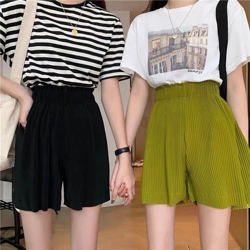 Women's Pleated Shorts Summer Casual High Waist Five-point Pants Ladies Ice Silk Wide-leg Pants Loose Thin Girls Tide Skirt
