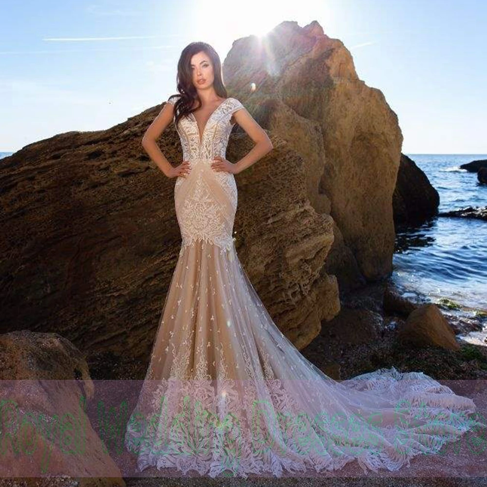 

Matching Ivory Mermaid Wedding lace V-neck Open Back Tulle Draped Satin 2022 Floor Length Beading High Quality Gowns Robe De Ma