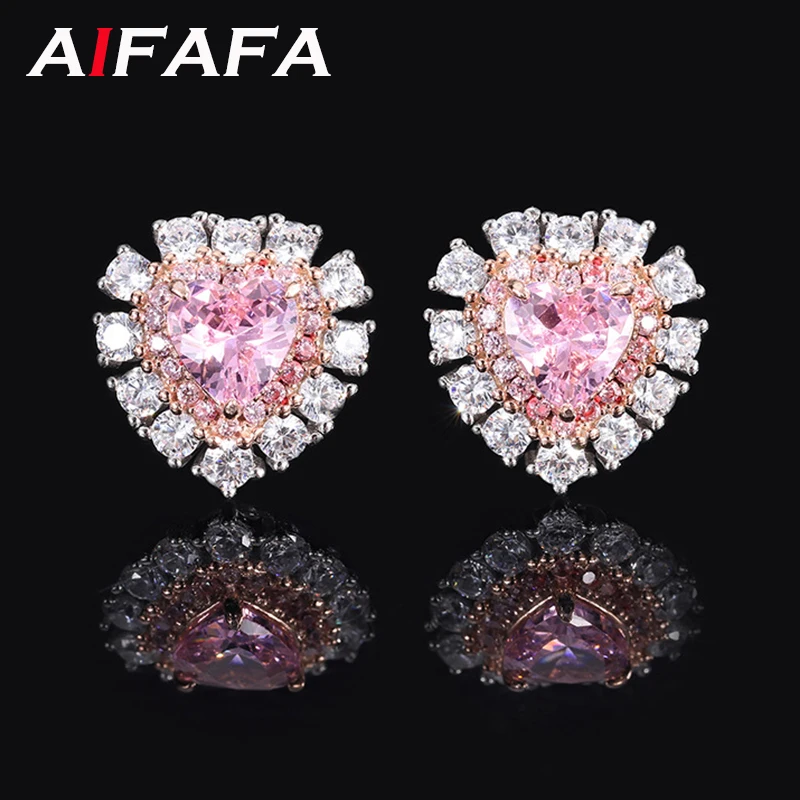 

AIFAFA 100% 925 Sterling Silver Sparkling Created Moissanite Ear Studs Pink Heart Gemstone Earrings For Women Fine Jewelry